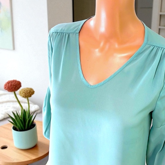Pink Rose Sage Green V-Neck Balloon 3/4 Sleeves Blouse - Picture 10 of 13